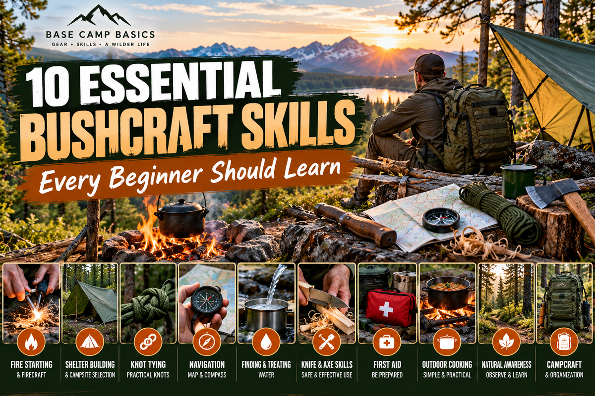 Beginner practicing essential bushcraft skills including firecraft, shelter building, navigation and outdoor camp skills.