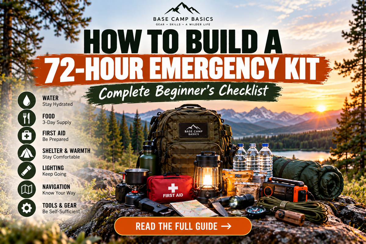 72-hour emergency kit with backpack, water, first aid supplies, flashlight and survival gear.