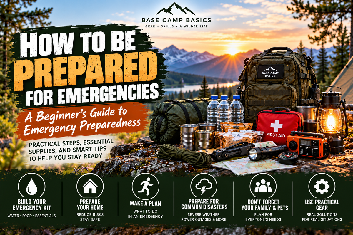 Emergency preparedness for beginners with water, food, first aid kit, emergency radio, flashlight, backpack and essential preparedness supplies.
