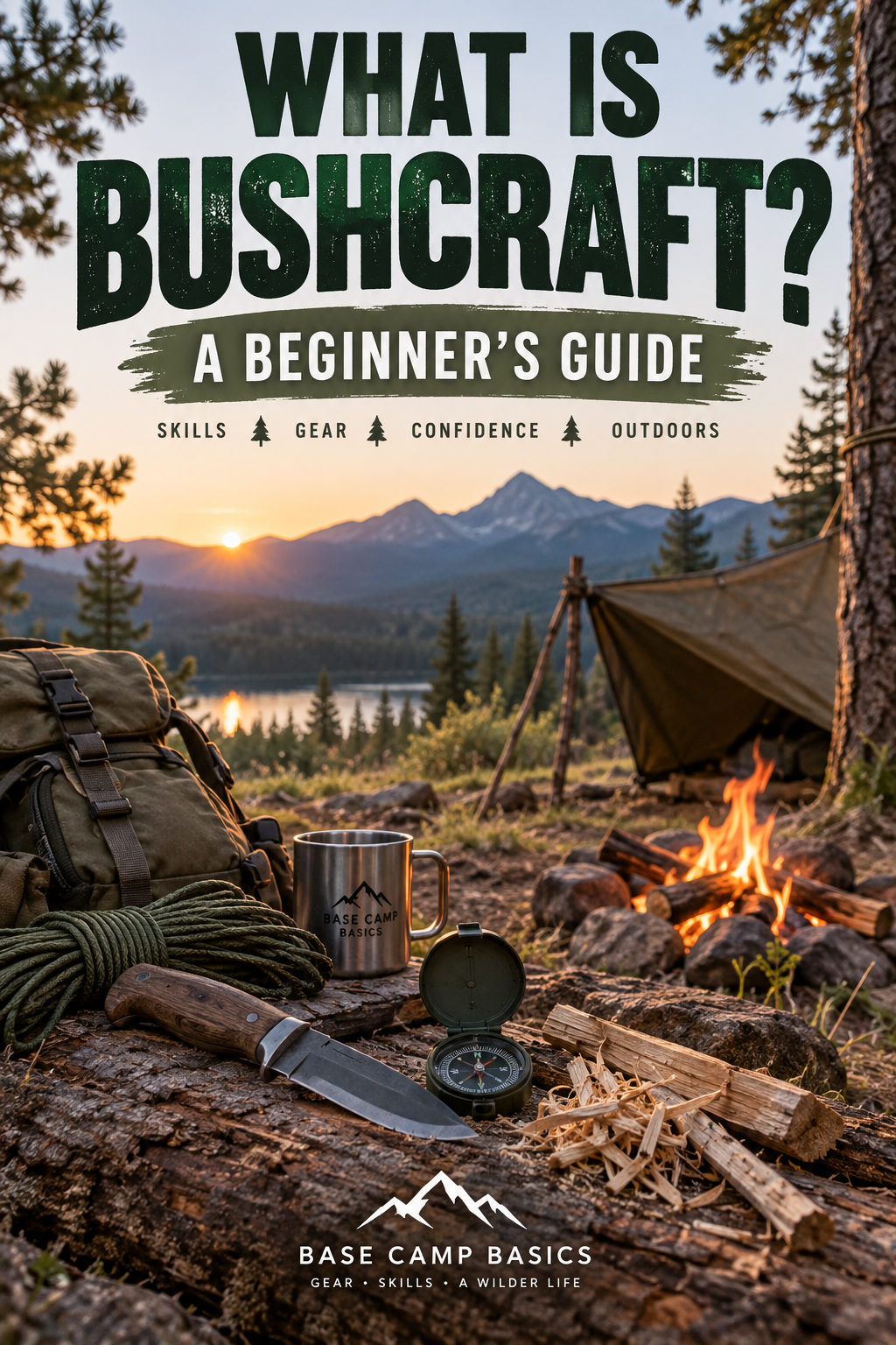 Bushcraft gear on a log in front of a fire
