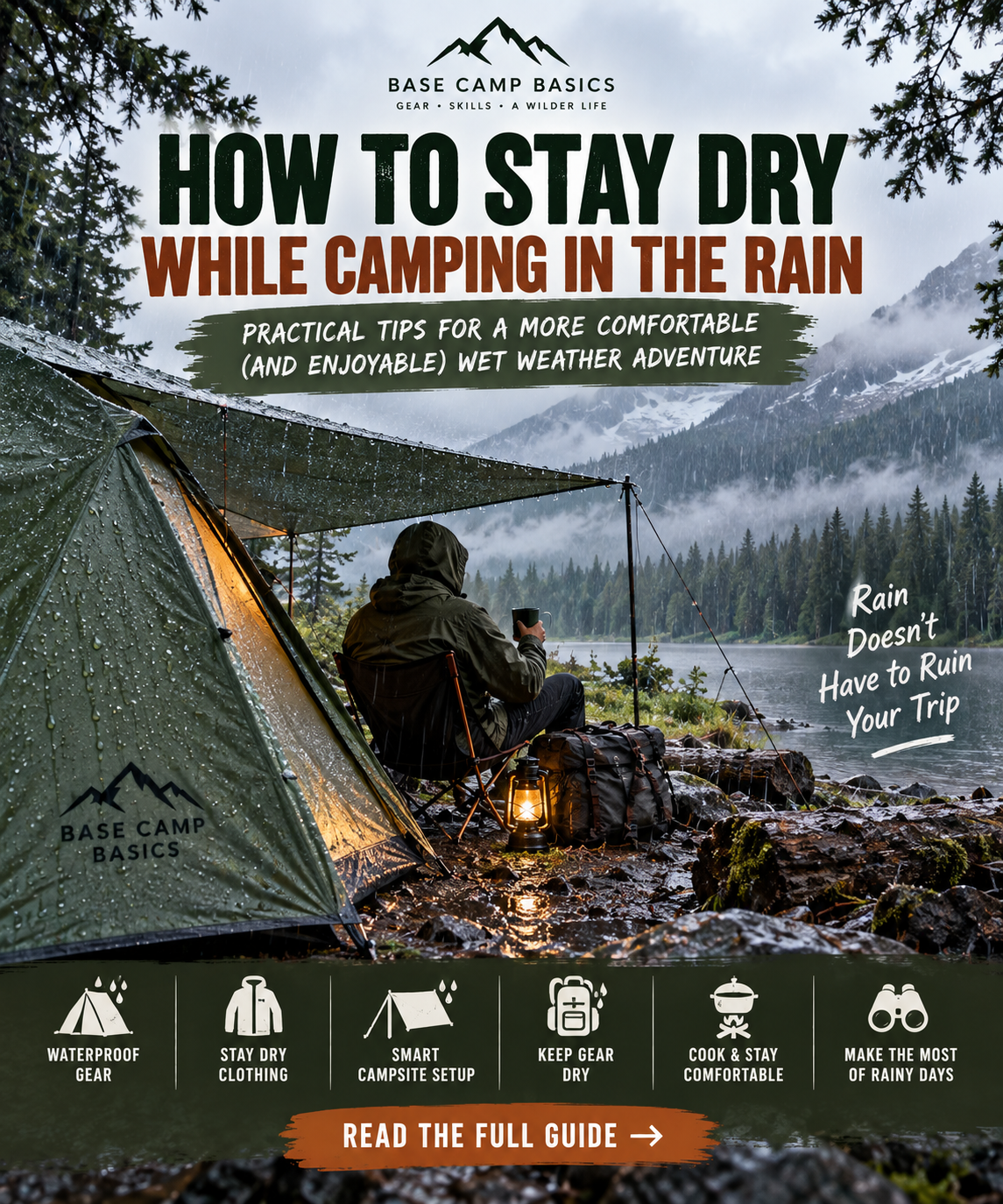 Camper staying dry under a tarp and tent while camping in the rain near a mountain lake.