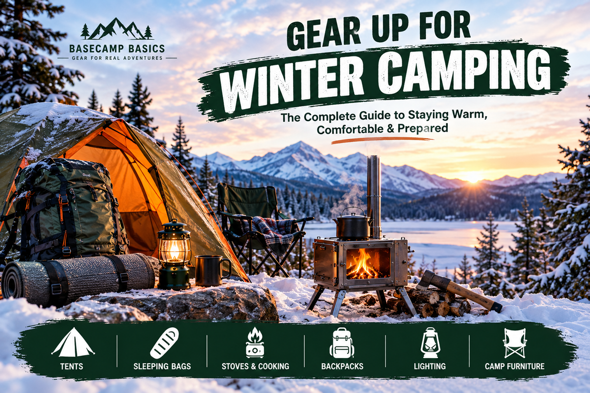 A wood burning stove outside a 4 season tent with all the essential gear for winter camping