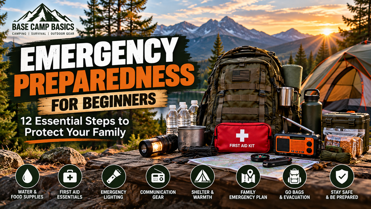 Base Camp Basics graphic with a forest campsite, an organized emergency backpack, flashlight, first aid kit, water containers, emergency radio, and the headline: “EMERGENCY PREPAREDNESS FOR BEGINNERS — 12 Essential Steps to Protect Your Family.”