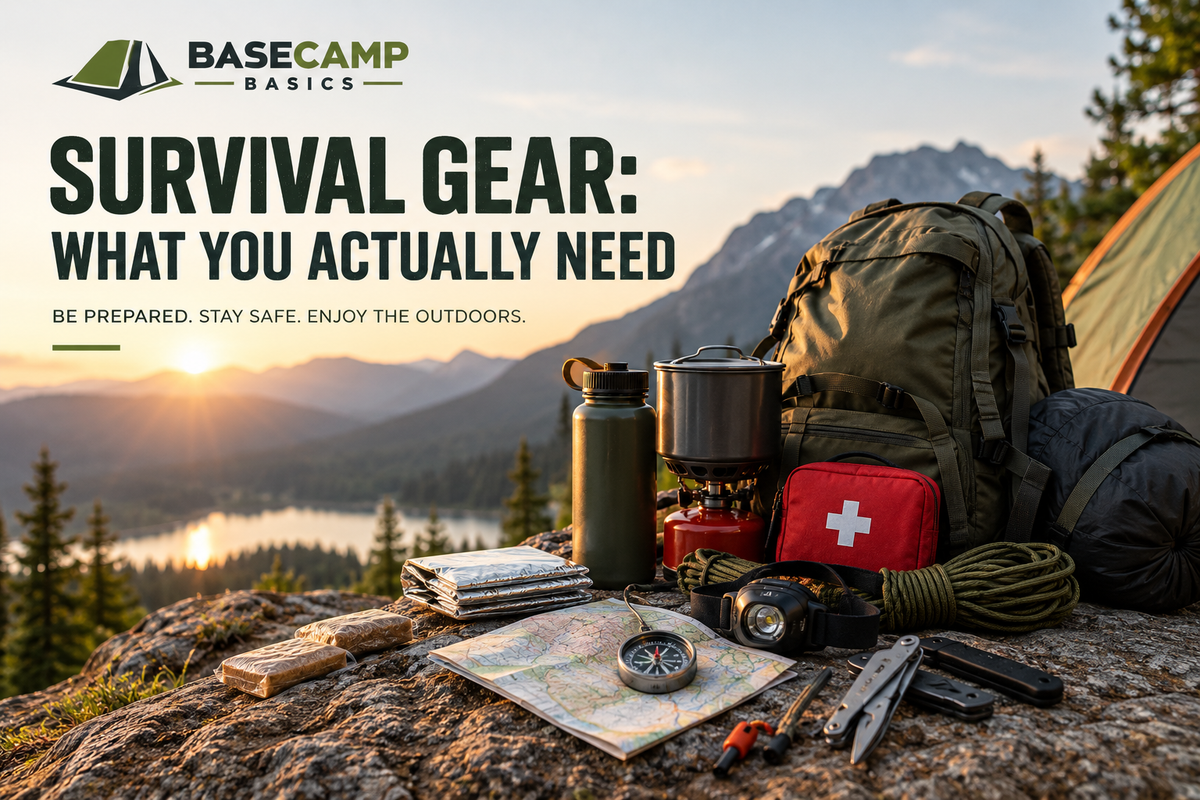 Essential gear for survival layed out on a rock overlooking a canyon lake