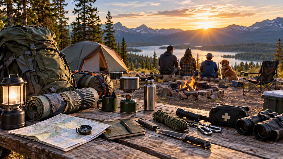 A family camping in the mountains with a camping tent ,sleeping bags and all the camping gear needed, enjoying themselves