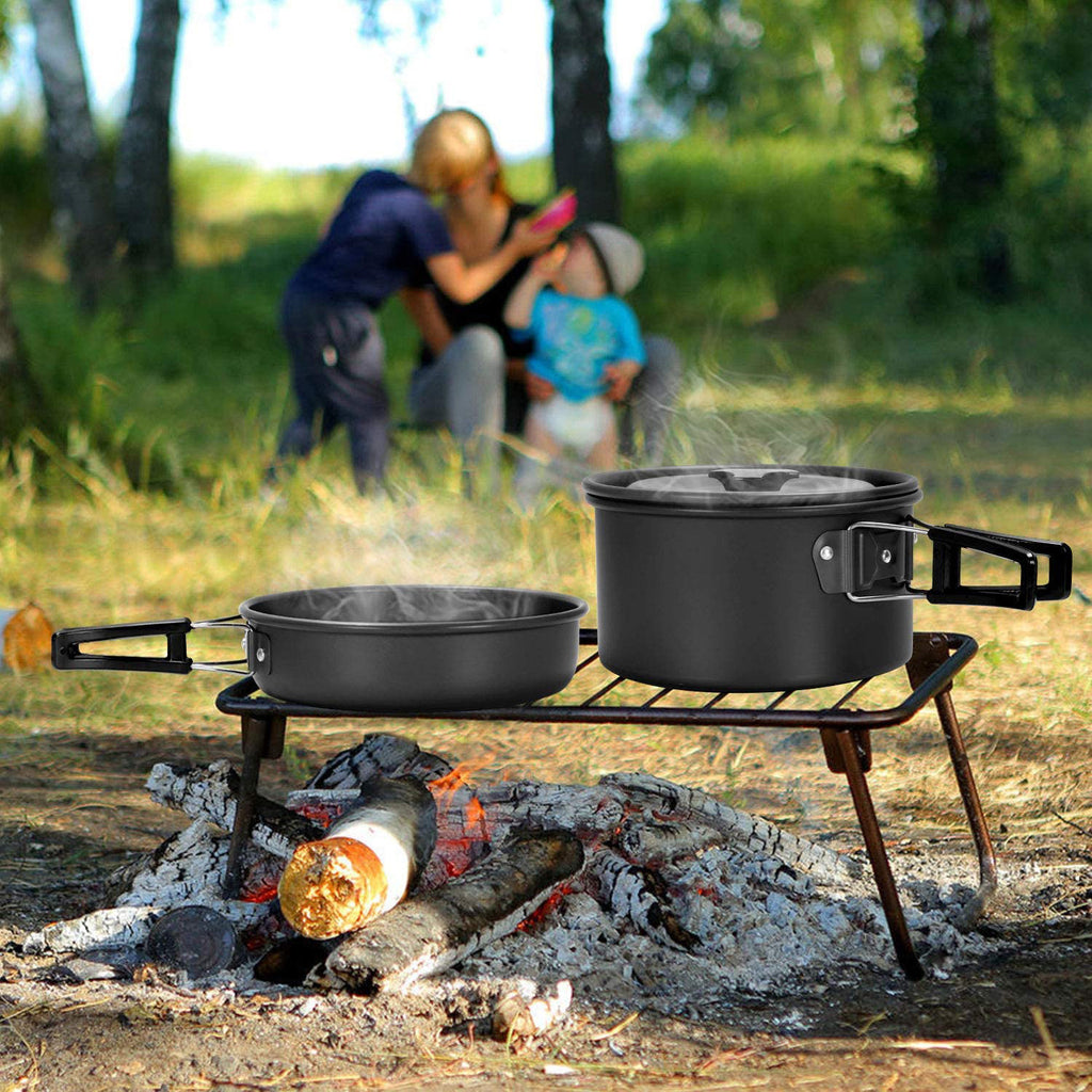 2–3 person camping cookware set with pot pan teapot cups and plates
