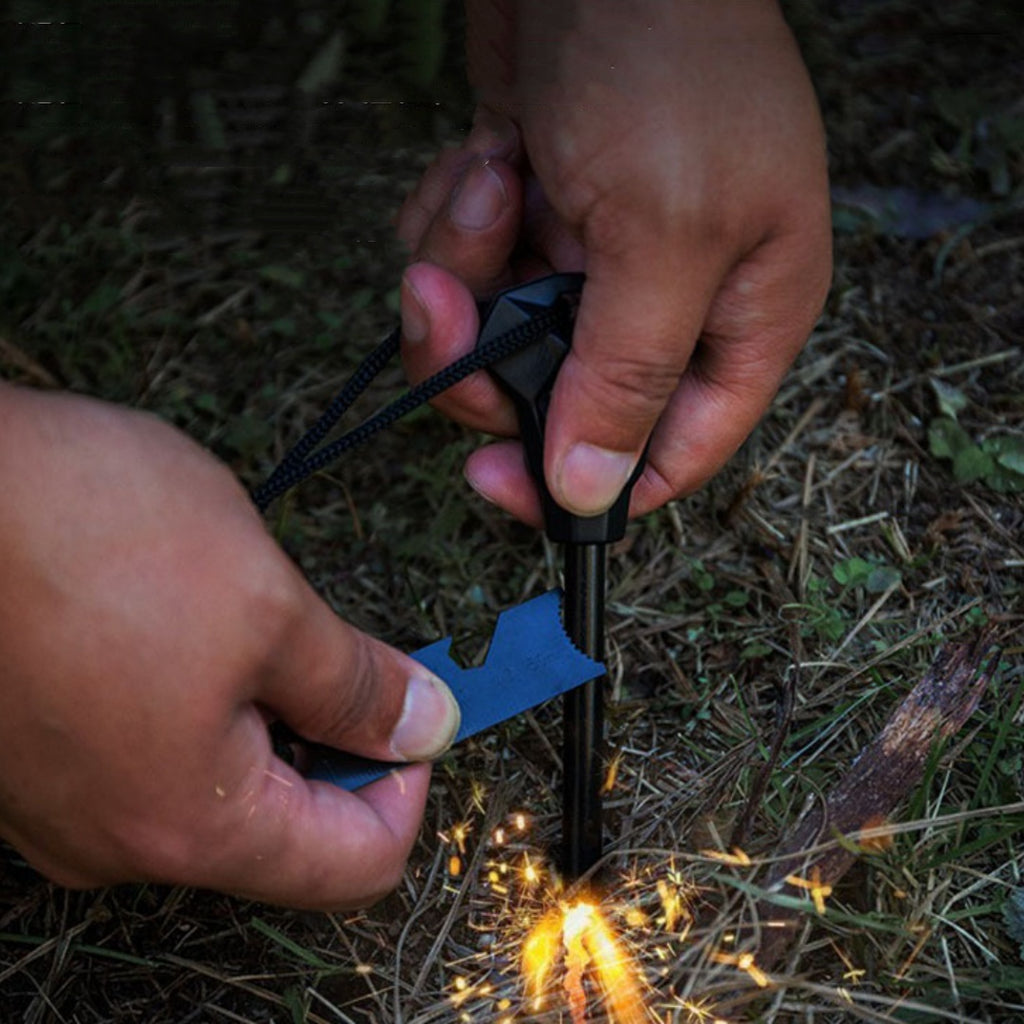Multifunction flint and steel fire starter for camping