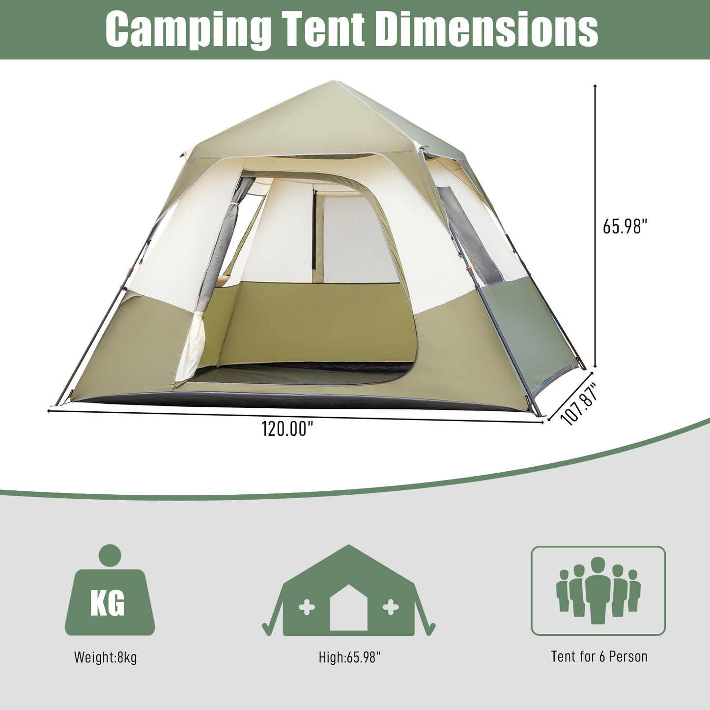 6-person Army Green Beige Camping Tent Polyester Cloth Automatic Iron Rod