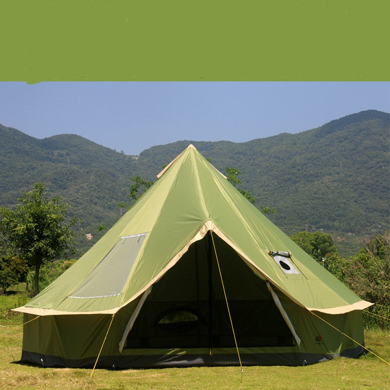large green yurt-style camping tent