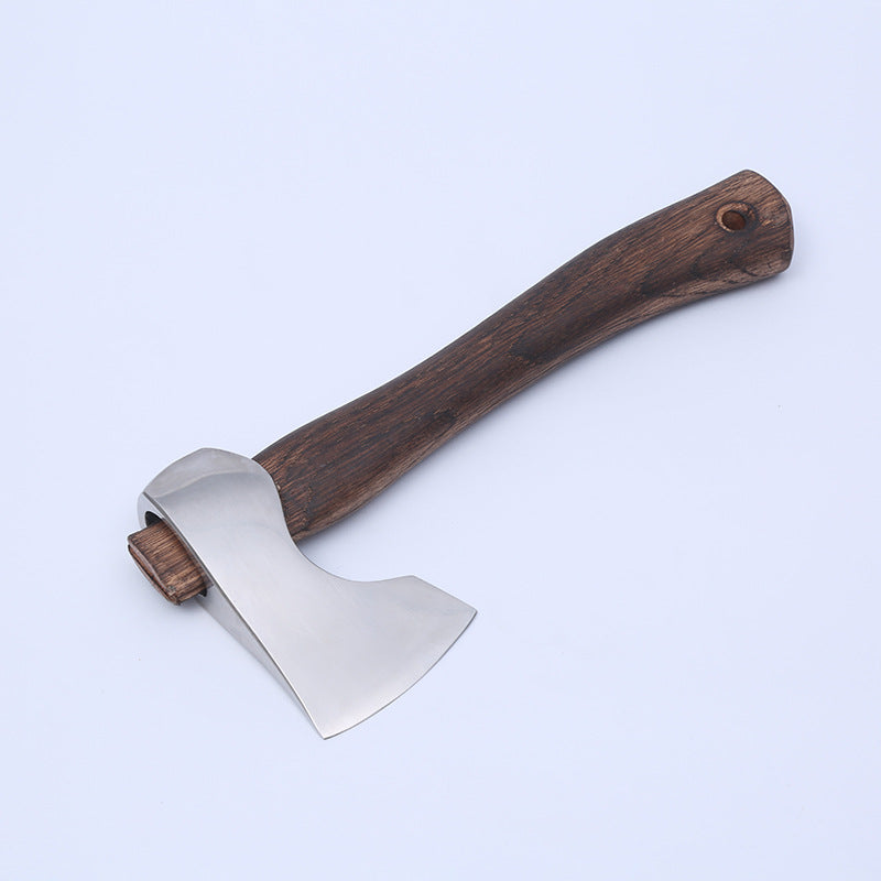 Compact high-carbon steel camping axe with wooden handle