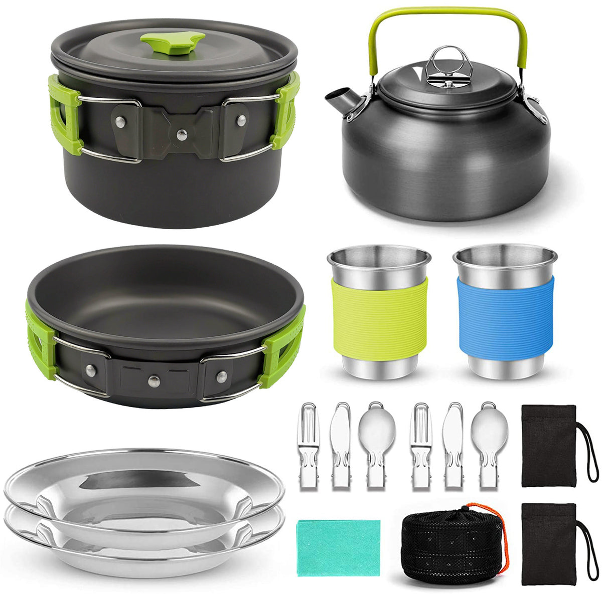 camping kitchen set with cookware cups and plates