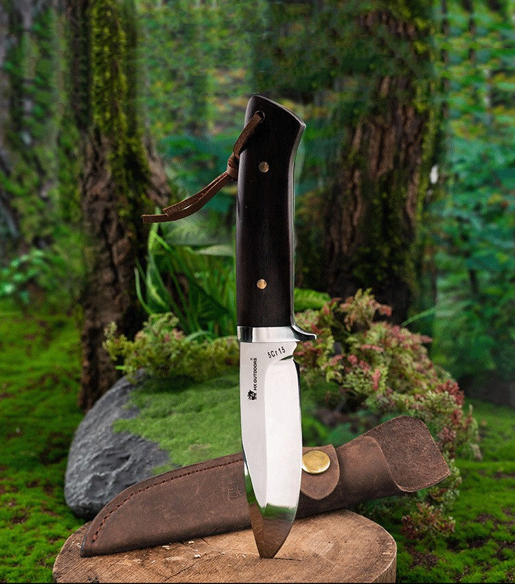 mirror polished camping knife with wood handle