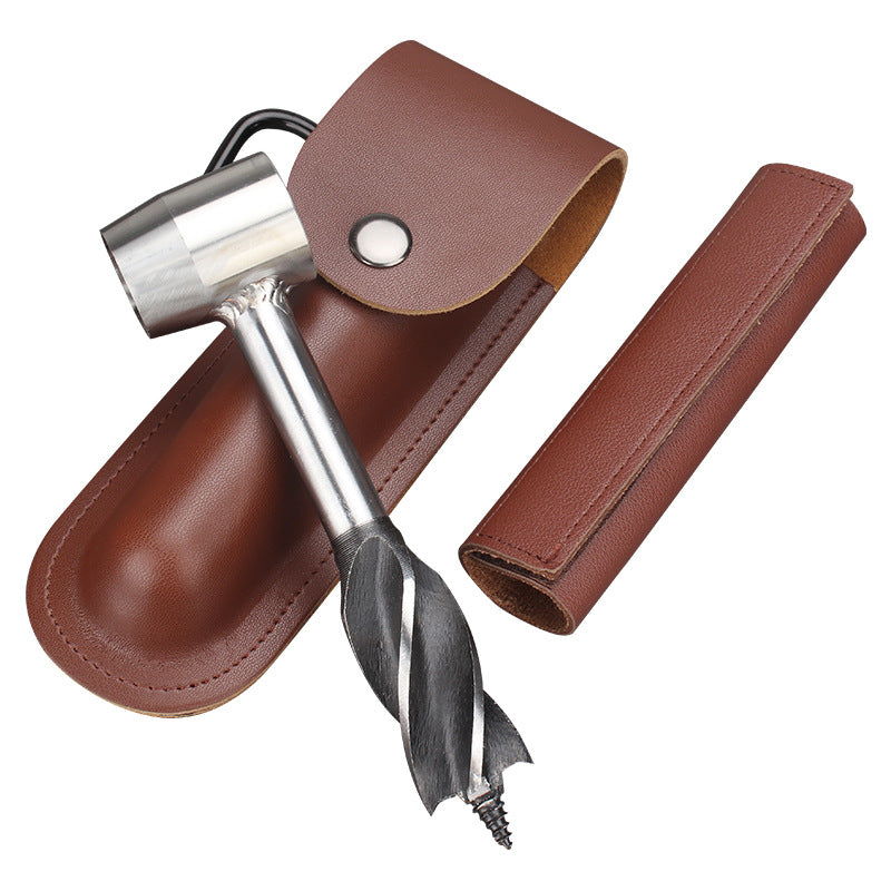 manual camping hand auger with leather sheath