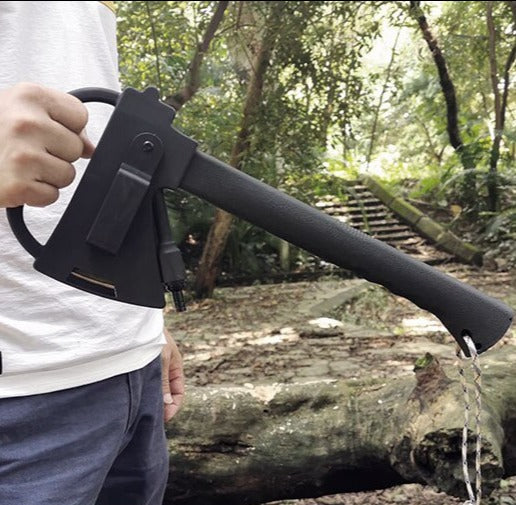 Black EDC camping axe with stainless steel blade and sheath