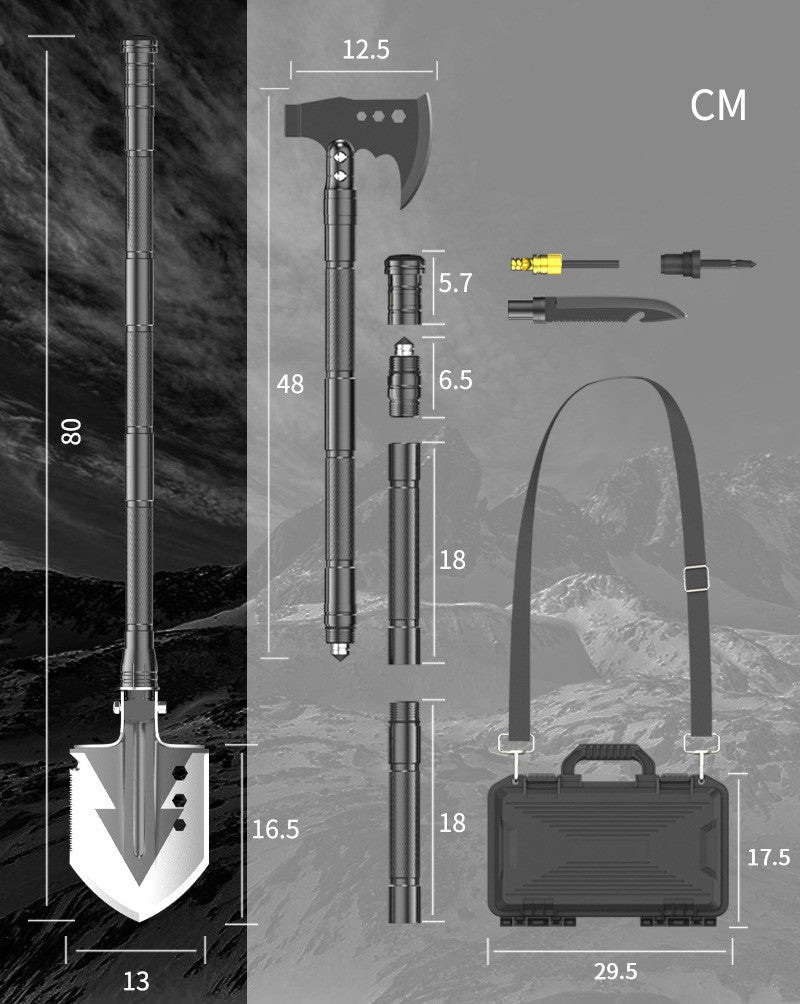 survival camping shovel with storage case