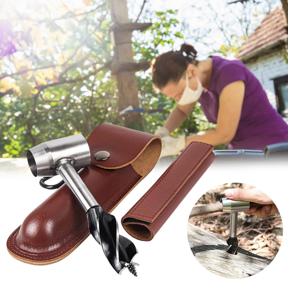 Hand auger for camping with genuine leather sheath