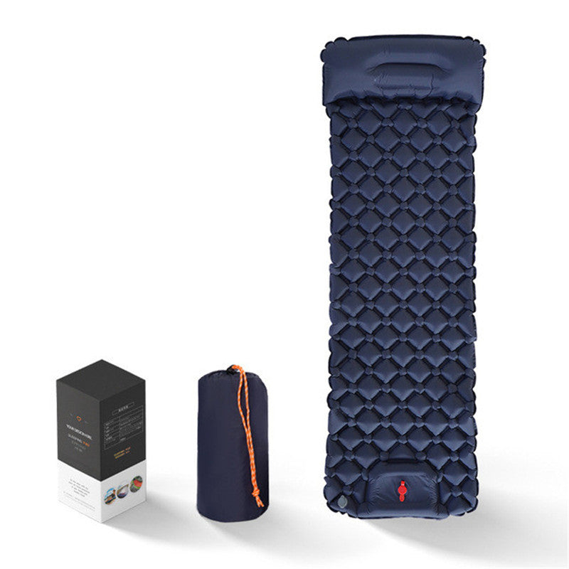 Inflatable camping sleeping pad with pillow and built-in pump