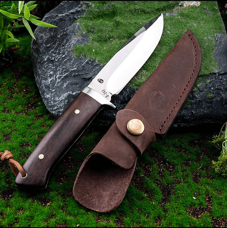 5Cr15 camping knife with gray wood handle and leather sheath