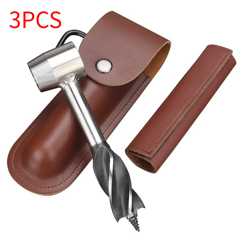 outdoor hand auger in brown leather sheath