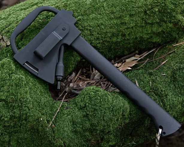 black camping axe with protective sheath