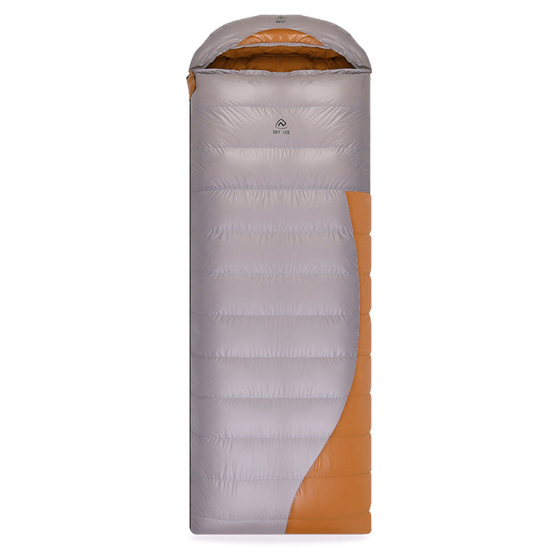 orange grey goose down camping sleeping bag