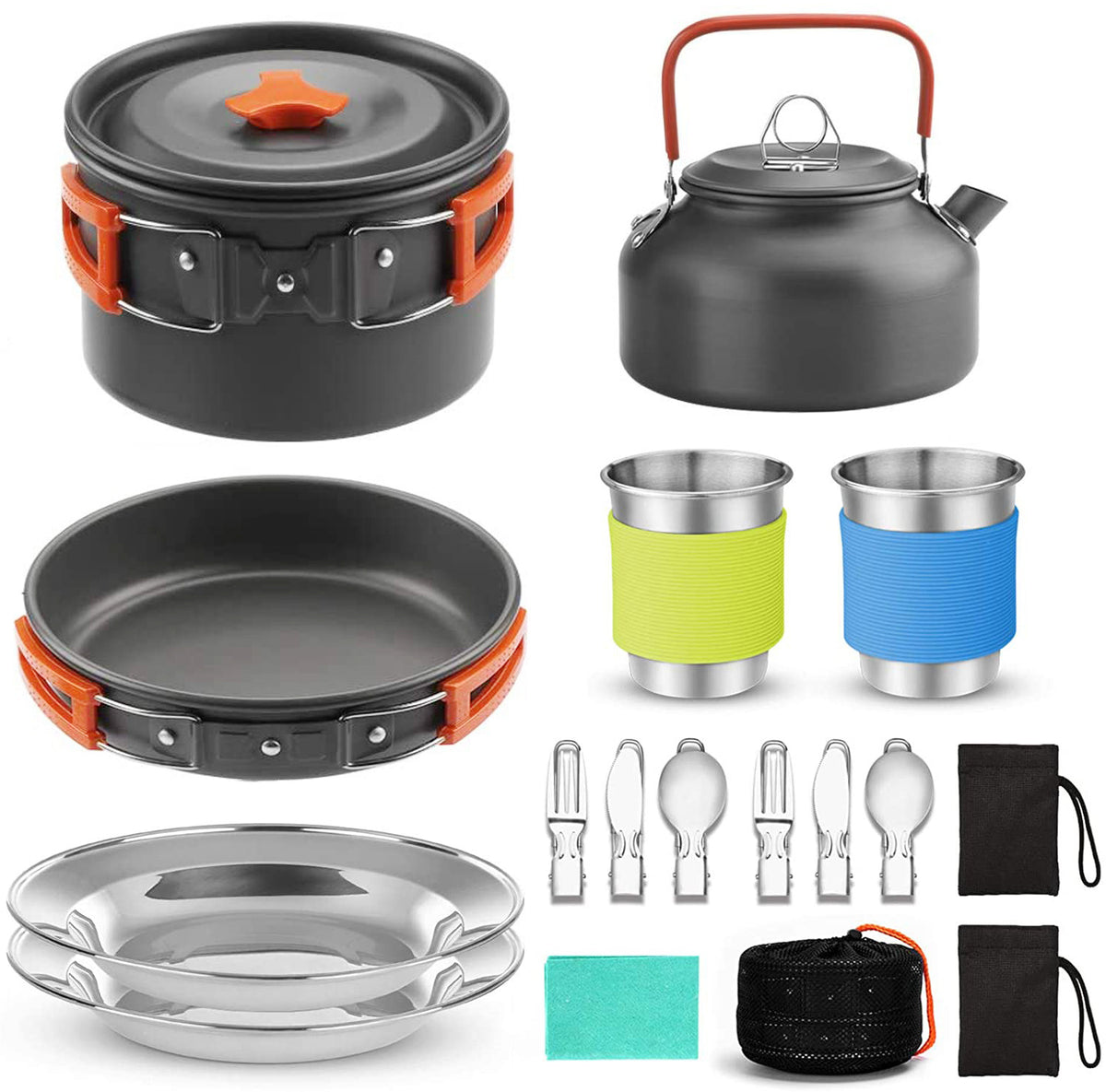 camp cookware set with stainless steel cups and plates